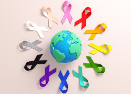 Cancer awareness ribbon symbol for World Cancer Day