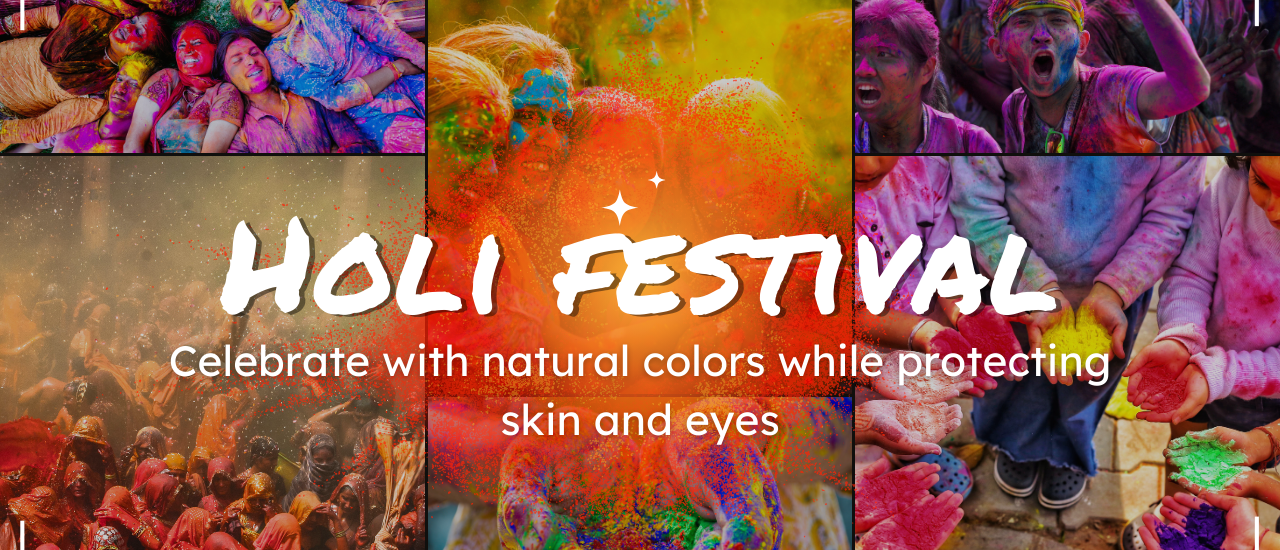 People celebrating Holi festival with natural colors while protecting skin and eyes