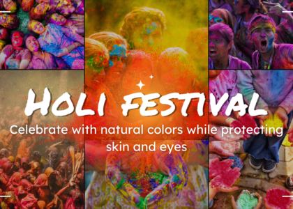 People celebrating Holi festival with natural colors while protecting skin and eyes